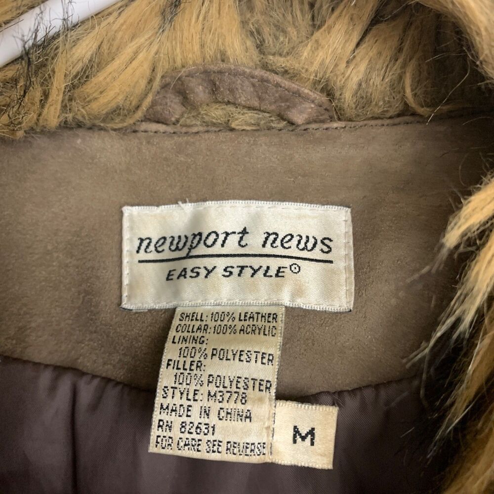 Vintage Newport News Leather Coat Womens M Brown Faux Fur Trim Y2K Boho - Picture 5 of 14